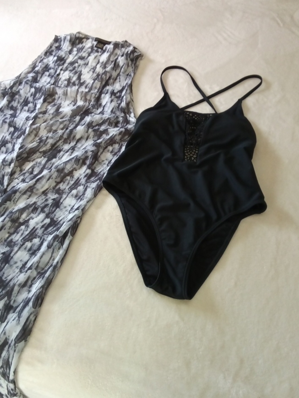 Black Lace-Inset Strappy One-Piece Swimsuit with Cover Up by Madden NYC